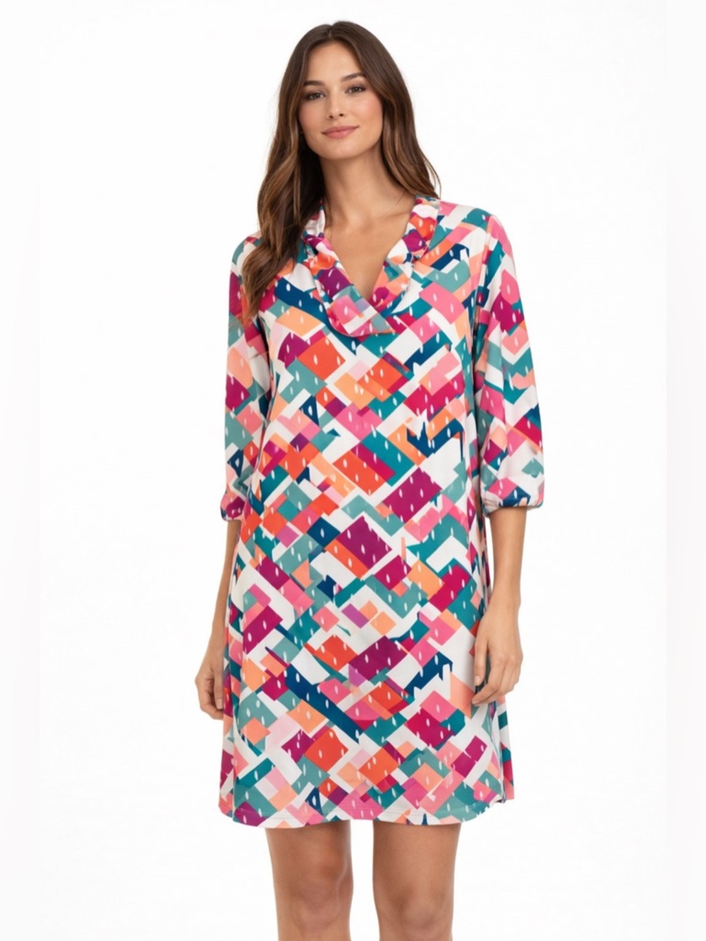 Michelle McDowell Size Large Ruffle Neck Geometric Print Multicolor Dress